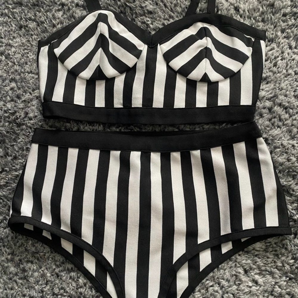 Fashion Nova Black and White Striped Bikini Set